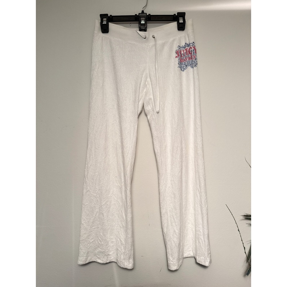 Juicy Couture Vintage Y2K White Velour Wide Leg Track Pants Rhinestone